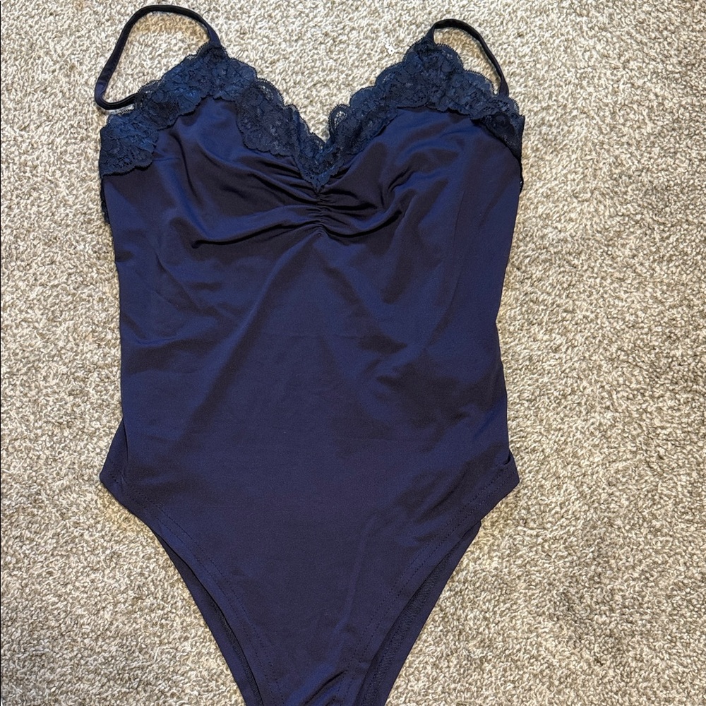 Navy Lace Trim Bodysuit